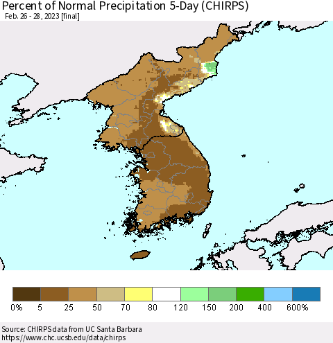 Korea Percent of Normal Precipitation 5-Day (CHIRPS) Thematic Map For 2/26/2023 - 2/28/2023