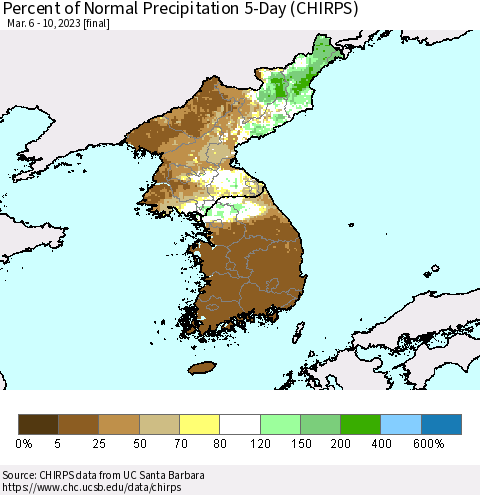 Korea Percent of Normal Precipitation 5-Day (CHIRPS) Thematic Map For 3/6/2023 - 3/10/2023