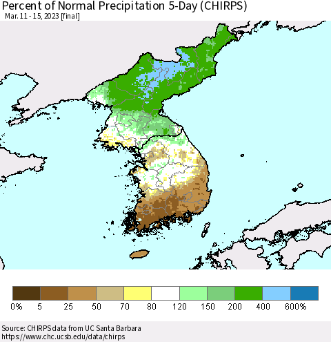 Korea Percent of Normal Precipitation 5-Day (CHIRPS) Thematic Map For 3/11/2023 - 3/15/2023