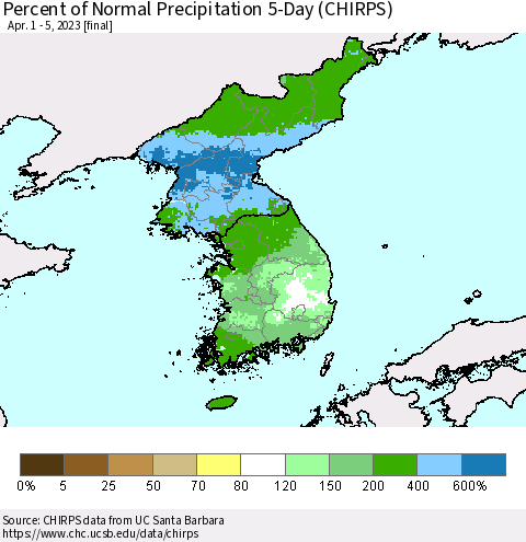 Korea Percent of Normal Precipitation 5-Day (CHIRPS) Thematic Map For 4/1/2023 - 4/5/2023