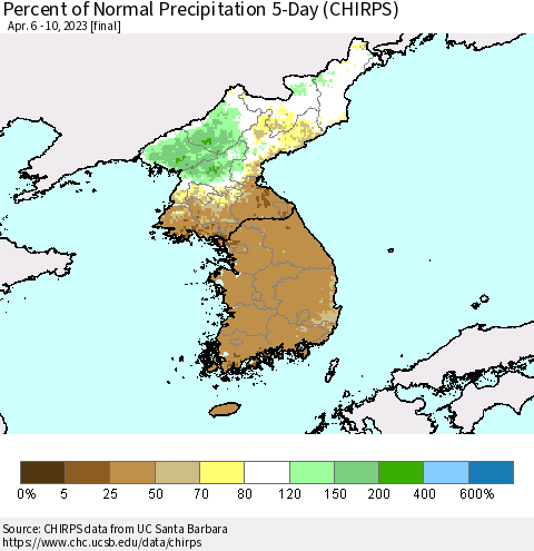 Korea Percent of Normal Precipitation 5-Day (CHIRPS) Thematic Map For 4/6/2023 - 4/10/2023