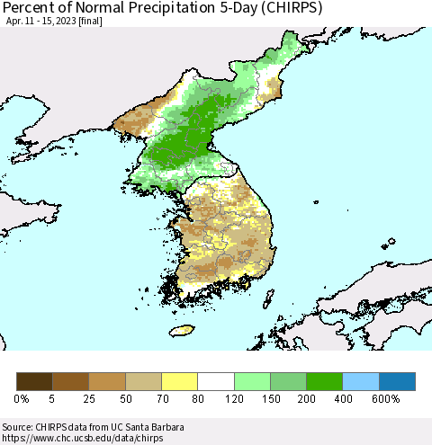 Korea Percent of Normal Precipitation 5-Day (CHIRPS) Thematic Map For 4/11/2023 - 4/15/2023