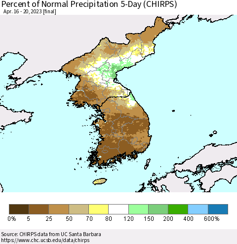 Korea Percent of Normal Precipitation 5-Day (CHIRPS) Thematic Map For 4/16/2023 - 4/20/2023