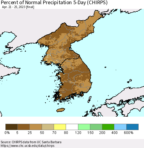 Korea Percent of Normal Precipitation 5-Day (CHIRPS) Thematic Map For 4/21/2023 - 4/25/2023