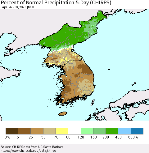 Korea Percent of Normal Precipitation 5-Day (CHIRPS) Thematic Map For 4/26/2023 - 4/30/2023