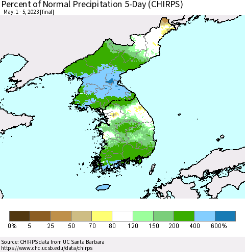 Korea Percent of Normal Precipitation 5-Day (CHIRPS) Thematic Map For 5/1/2023 - 5/5/2023