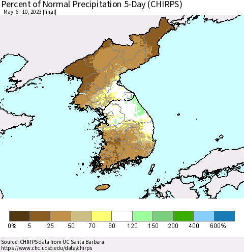 Korea Percent of Normal Precipitation 5-Day (CHIRPS) Thematic Map For 5/6/2023 - 5/10/2023