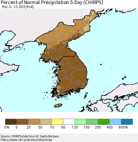 Korea Percent of Normal Precipitation 5-Day (CHIRPS) Thematic Map For 5/11/2023 - 5/15/2023