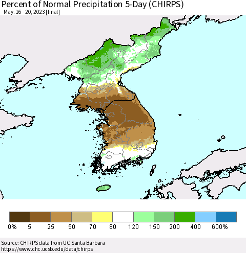 Korea Percent of Normal Precipitation 5-Day (CHIRPS) Thematic Map For 5/16/2023 - 5/20/2023