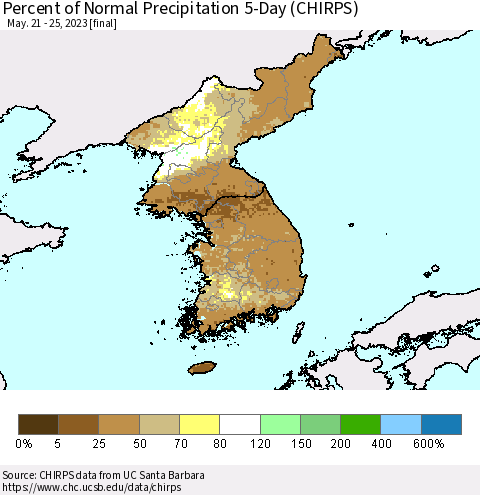 Korea Percent of Normal Precipitation 5-Day (CHIRPS) Thematic Map For 5/21/2023 - 5/25/2023