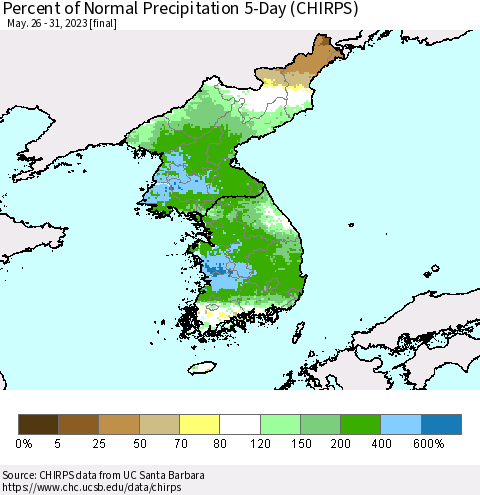 Korea Percent of Normal Precipitation 5-Day (CHIRPS) Thematic Map For 5/26/2023 - 5/31/2023