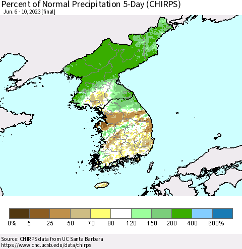 Korea Percent of Normal Precipitation 5-Day (CHIRPS) Thematic Map For 6/6/2023 - 6/10/2023