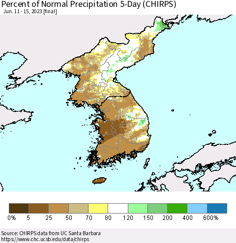 Korea Percent of Normal Precipitation 5-Day (CHIRPS) Thematic Map For 6/11/2023 - 6/15/2023