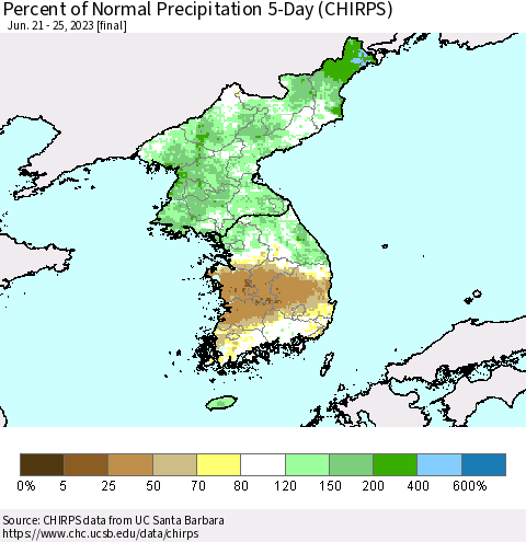 Korea Percent of Normal Precipitation 5-Day (CHIRPS) Thematic Map For 6/21/2023 - 6/25/2023