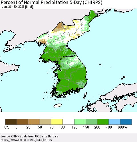 Korea Percent of Normal Precipitation 5-Day (CHIRPS) Thematic Map For 6/26/2023 - 6/30/2023