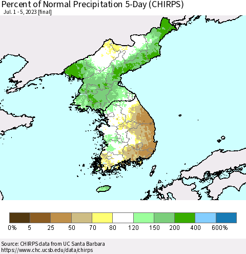 Korea Percent of Normal Precipitation 5-Day (CHIRPS) Thematic Map For 7/1/2023 - 7/5/2023
