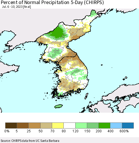 Korea Percent of Normal Precipitation 5-Day (CHIRPS) Thematic Map For 7/6/2023 - 7/10/2023