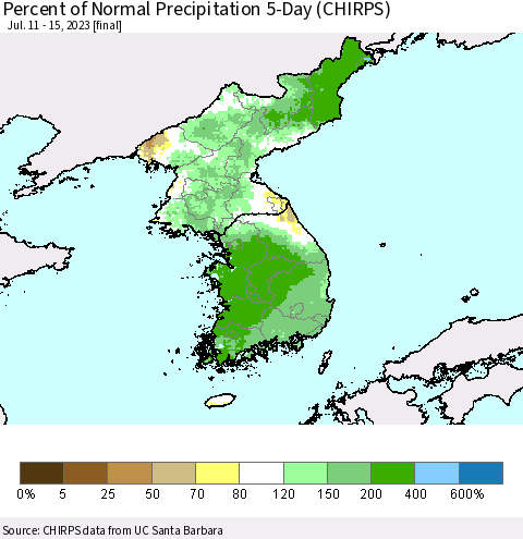 Korea Percent of Normal Precipitation 5-Day (CHIRPS) Thematic Map For 7/11/2023 - 7/15/2023
