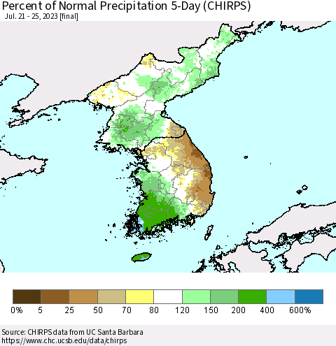 Korea Percent of Normal Precipitation 5-Day (CHIRPS) Thematic Map For 7/21/2023 - 7/25/2023