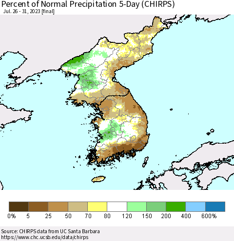 Korea Percent of Normal Precipitation 5-Day (CHIRPS) Thematic Map For 7/26/2023 - 7/31/2023