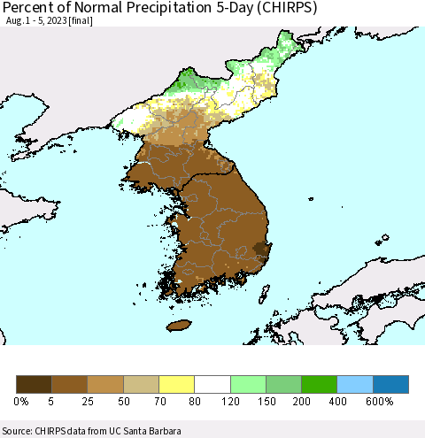 Korea Percent of Normal Precipitation 5-Day (CHIRPS) Thematic Map For 8/1/2023 - 8/5/2023