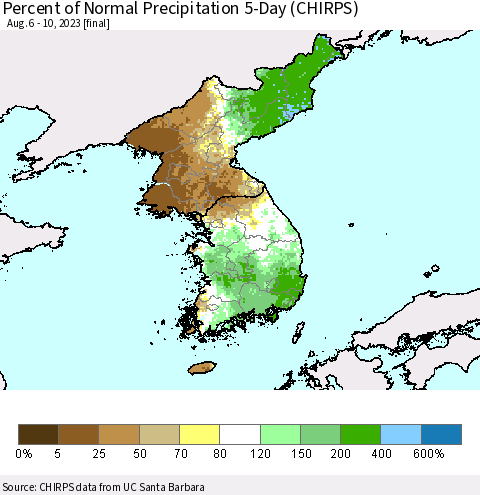 Korea Percent of Normal Precipitation 5-Day (CHIRPS) Thematic Map For 8/6/2023 - 8/10/2023