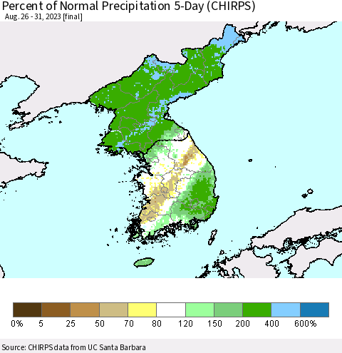 Korea Percent of Normal Precipitation 5-Day (CHIRPS) Thematic Map For 8/26/2023 - 8/31/2023