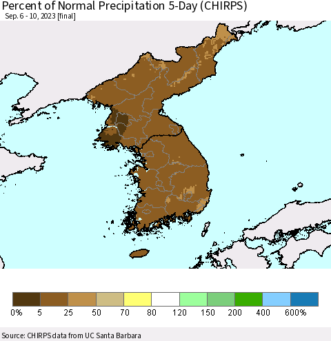 Korea Percent of Normal Precipitation 5-Day (CHIRPS) Thematic Map For 9/6/2023 - 9/10/2023