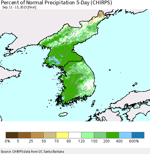 Korea Percent of Normal Precipitation 5-Day (CHIRPS) Thematic Map For 9/11/2023 - 9/15/2023