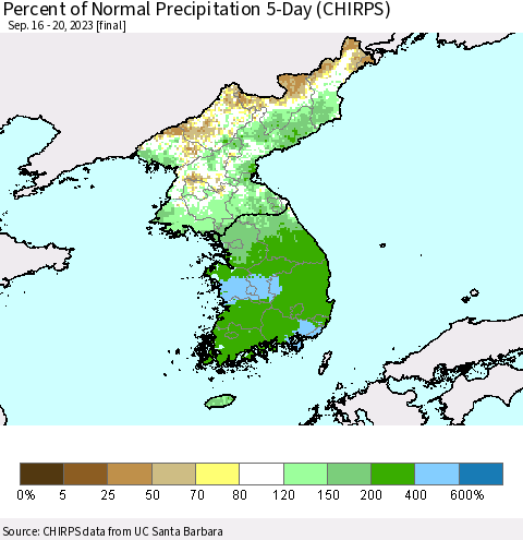 Korea Percent of Normal Precipitation 5-Day (CHIRPS) Thematic Map For 9/16/2023 - 9/20/2023