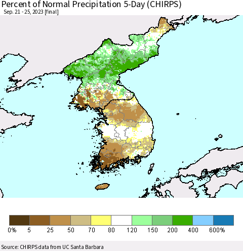 Korea Percent of Normal Precipitation 5-Day (CHIRPS) Thematic Map For 9/21/2023 - 9/25/2023