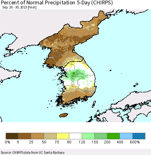 Korea Percent of Normal Precipitation 5-Day (CHIRPS) Thematic Map For 9/26/2023 - 9/30/2023