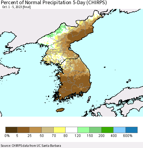 Korea Percent of Normal Precipitation 5-Day (CHIRPS) Thematic Map For 10/1/2023 - 10/5/2023