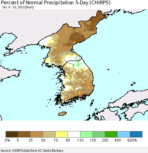 Korea Percent of Normal Precipitation 5-Day (CHIRPS) Thematic Map For 10/6/2023 - 10/10/2023