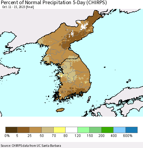 Korea Percent of Normal Precipitation 5-Day (CHIRPS) Thematic Map For 10/11/2023 - 10/15/2023
