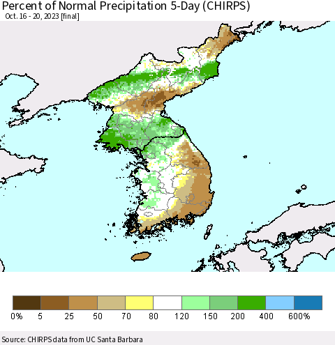Korea Percent of Normal Precipitation 5-Day (CHIRPS) Thematic Map For 10/16/2023 - 10/20/2023