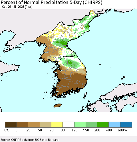 Korea Percent of Normal Precipitation 5-Day (CHIRPS) Thematic Map For 10/26/2023 - 10/31/2023