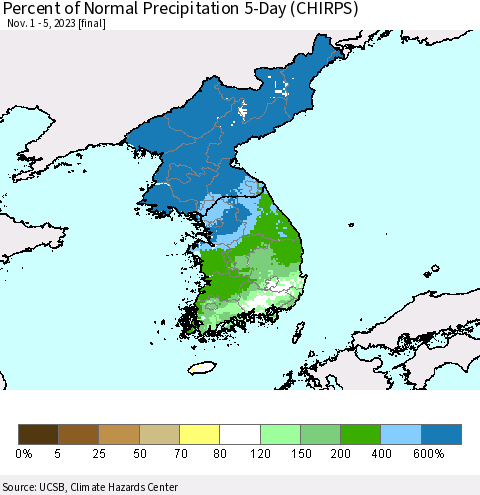 Korea Percent of Normal Precipitation 5-Day (CHIRPS) Thematic Map For 11/1/2023 - 11/5/2023