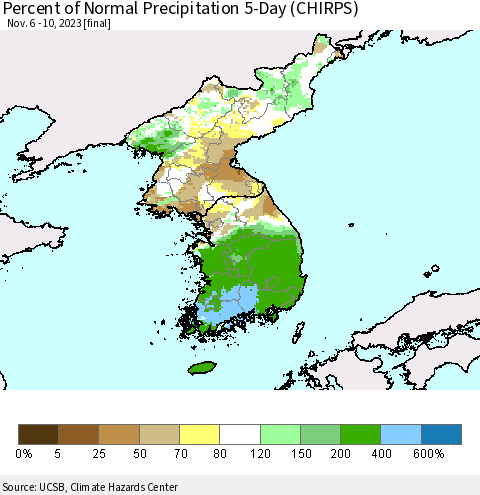 Korea Percent of Normal Precipitation 5-Day (CHIRPS) Thematic Map For 11/6/2023 - 11/10/2023