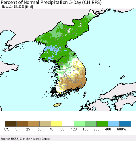 Korea Percent of Normal Precipitation 5-Day (CHIRPS) Thematic Map For 11/11/2023 - 11/15/2023