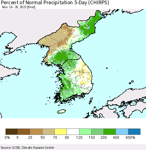 Korea Percent of Normal Precipitation 5-Day (CHIRPS) Thematic Map For 11/16/2023 - 11/20/2023