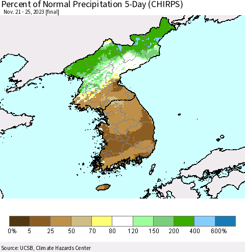 Korea Percent of Normal Precipitation 5-Day (CHIRPS) Thematic Map For 11/21/2023 - 11/25/2023