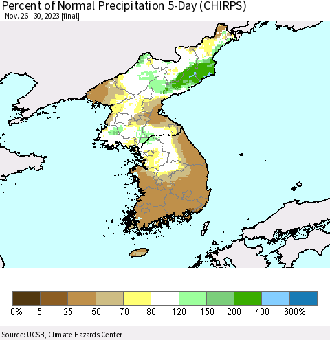 Korea Percent of Normal Precipitation 5-Day (CHIRPS) Thematic Map For 11/26/2023 - 11/30/2023
