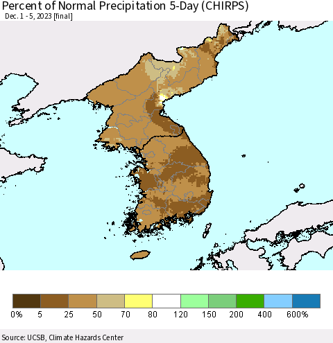 Korea Percent of Normal Precipitation 5-Day (CHIRPS) Thematic Map For 12/1/2023 - 12/5/2023