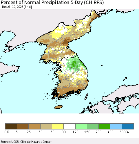 Korea Percent of Normal Precipitation 5-Day (CHIRPS) Thematic Map For 12/6/2023 - 12/10/2023