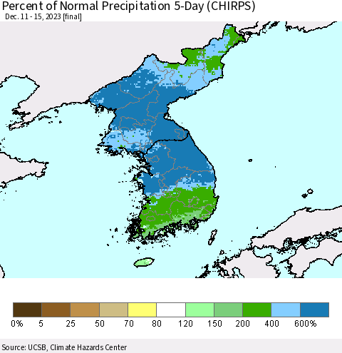 Korea Percent of Normal Precipitation 5-Day (CHIRPS) Thematic Map For 12/11/2023 - 12/15/2023