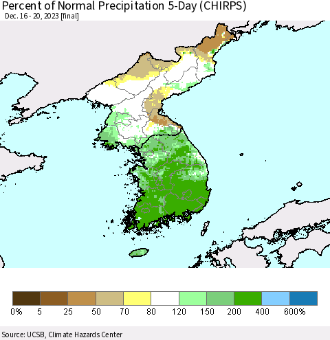 Korea Percent of Normal Precipitation 5-Day (CHIRPS) Thematic Map For 12/16/2023 - 12/20/2023