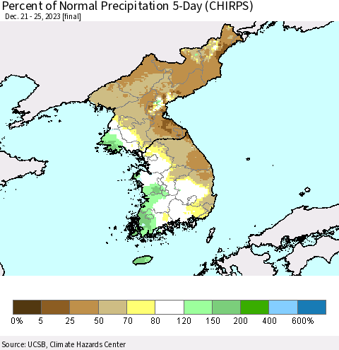 Korea Percent of Normal Precipitation 5-Day (CHIRPS) Thematic Map For 12/21/2023 - 12/25/2023