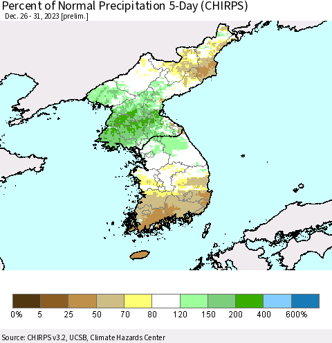 Korea Percent of Normal Precipitation 5-Day (CHIRPS) Thematic Map For 12/26/2023 - 12/31/2023
