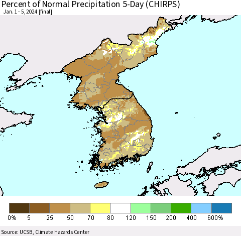 Korea Percent of Normal Precipitation 5-Day (CHIRPS) Thematic Map For 1/1/2024 - 1/5/2024